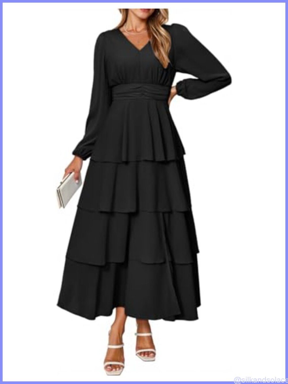 Women's Flowy Maxi Dress Chiffon Long Sleeve V-Neck Ruffle Tiered Boho Wedding